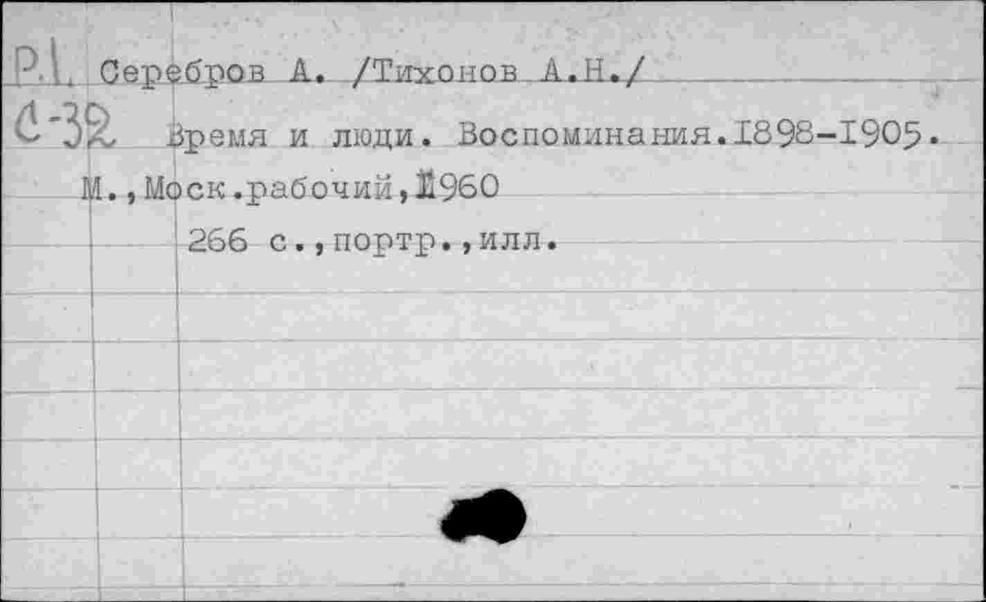 ﻿емя и люди. Воспоминания.1898-1905
М., Моск.рабочий,^960
266 с.,портр., илл.